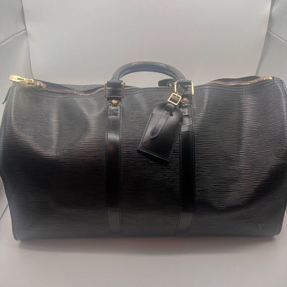 LOUIS VUITTON VINTAGE BLACK EPI LEATHER DUFFLE TRAVEL BAG KEEPALL 50 - Picture 1 of 16